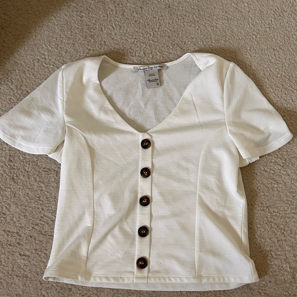 White V neck button top